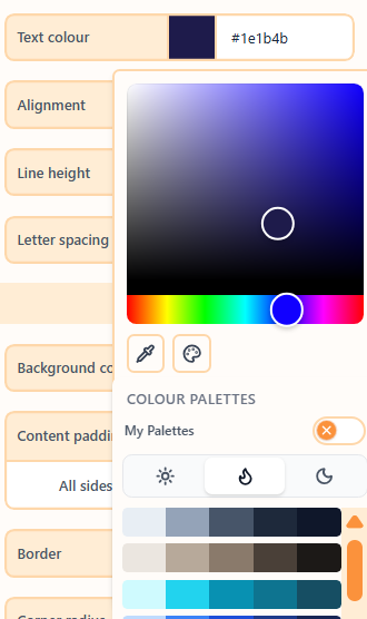 Colour palette picker with My Palettes and colour style icons for Light, Warm, and Dark