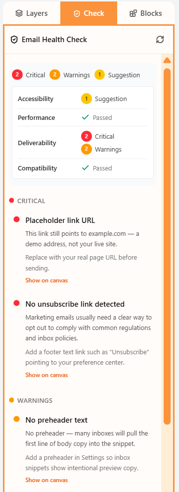 Email Health Check with critical, warning, and suggestion tallies