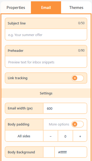 Email tab with subject line, preheader, and body settings