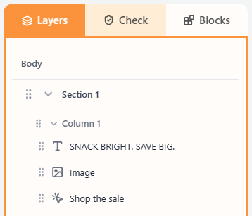 Layers tab showing Body, Section, Column, and nested blocks