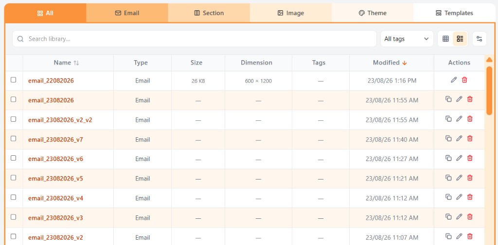Library workspace with All, Email, Section, Image, Theme, and Templates tabs