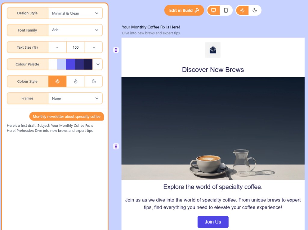 One Shot result with email preview, style controls, chat history, and Edit in Build