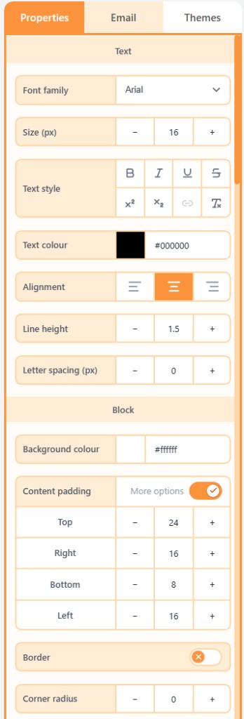 Text block Properties tab