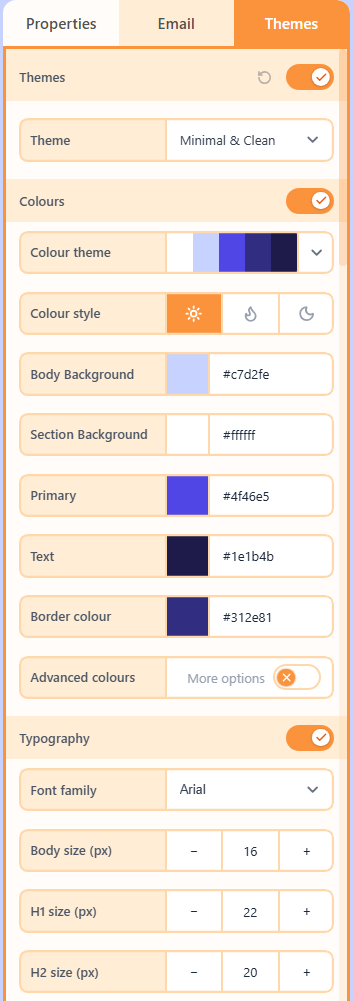 Themes tab with colours, typography, and layout