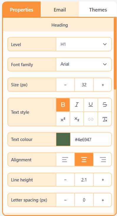 Heading typography controls on the Properties tab