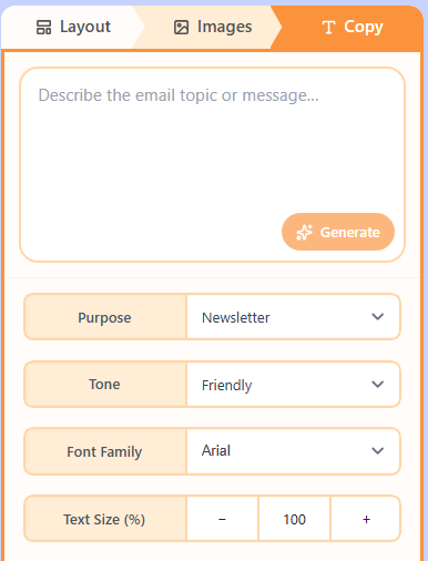 Wizard Copy tab with brief, purpose, tone, and Generate
