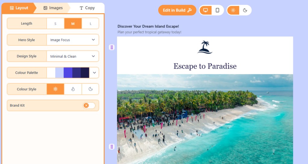 Wizard workspace with Layout, Images, and Copy tabs, a live preview, and Edit in Build