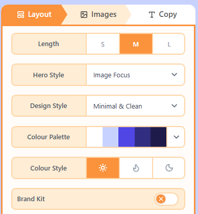 Wizard Layout tab with length, hero style, palette, colour style, and Brand Kit
